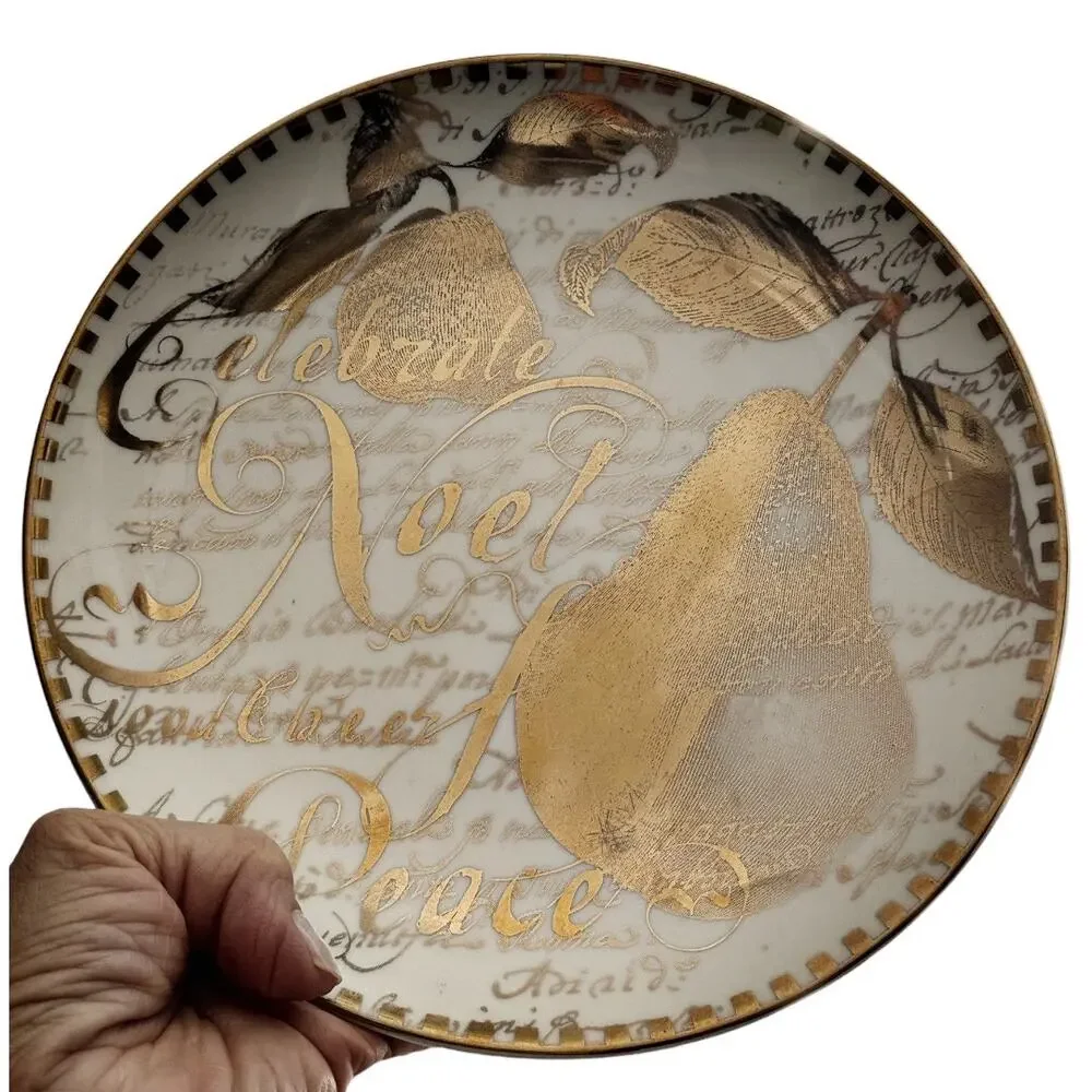 Set of 2 Restoration Hardware White Gold Holiday 8” Plates Noel